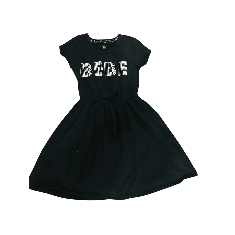 Bebe Girls Black Logo Graphic Skater Dress Bow Waist Size S 7 8